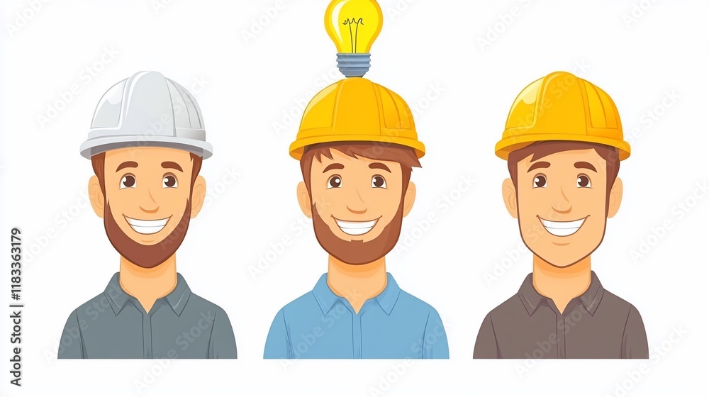 Three smiling male engineers, one with a lightbulb. Three smiling male engineers, one with a lightbulb.