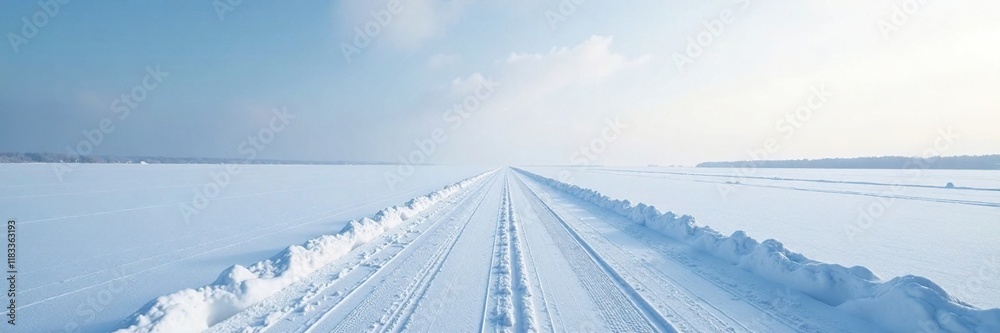 Long and straight white road disappearing into the horizon of a snow field, frozen terrain, frosty air, long stretch Long and straight white road disappearing into the horizon of a snow field, frozen terrain, frosty air, long stretch