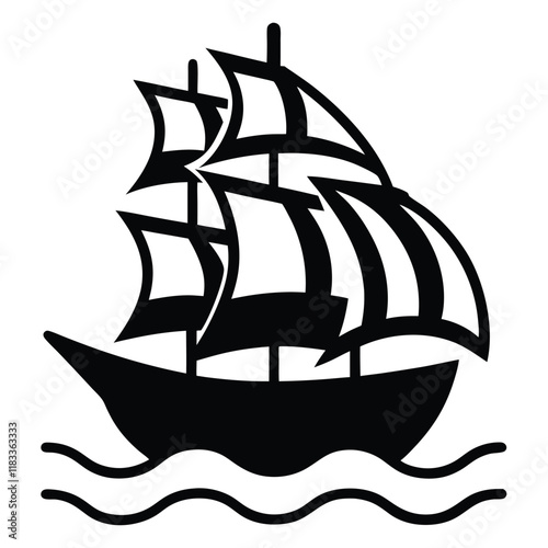 A simple ship outline with sails and waves below, vector style.