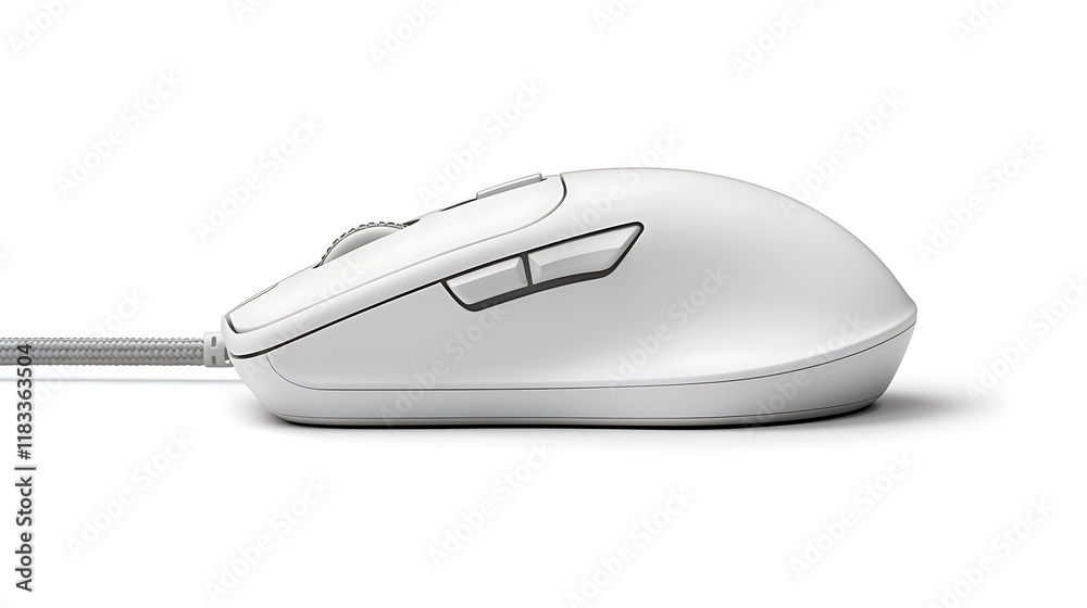 A white computer mouse with a black button on the top A white computer mouse with a black button on the top
