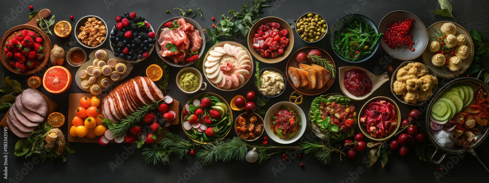 Fototapeta premium Gourmet Christmas dinner display featuring glazed ham, roasted vegetables, and festive desserts with holiday decor