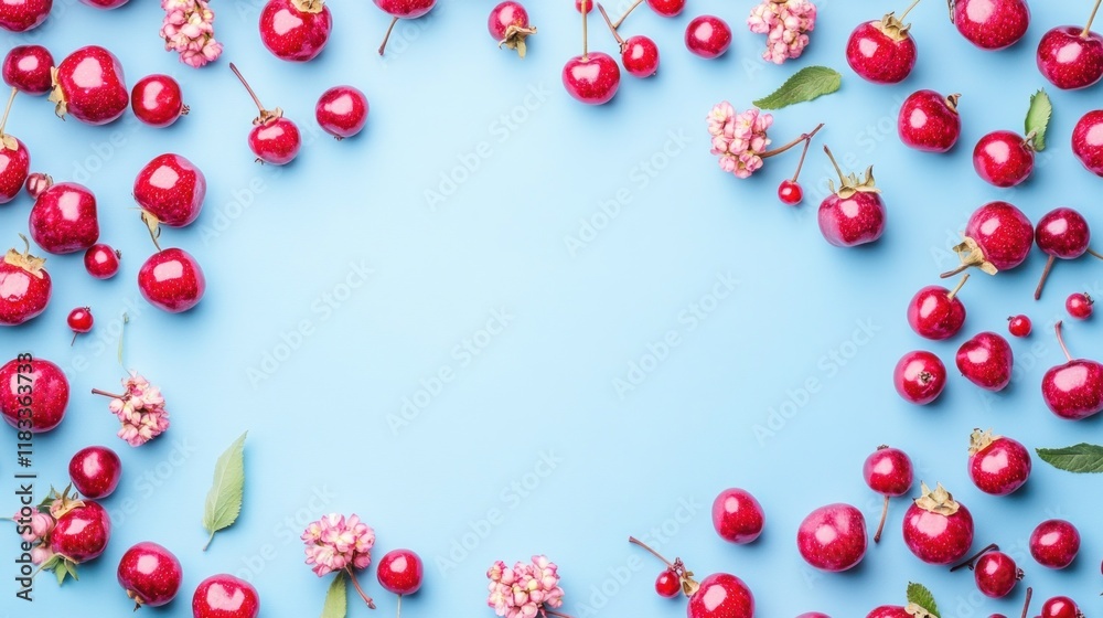 Red berries frame, pastel blue background, food blog, summer