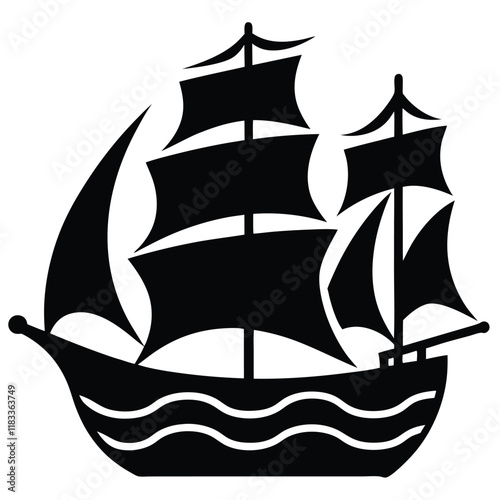 A simple ship outline with sails and waves below, vector style.