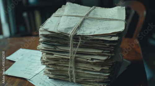 Vintage Stacked Letters Tied with Twine on Wooden Table Surrounded by Old Correspondence and Papers Evoking Nostalgia and Historical Charm