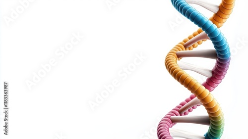 Closeup 3D rendering of a glowing DNA double helix, with vividly colored nucleotide base pairs A, T, C, G connected by hydrogen bonds, isolated on a white background