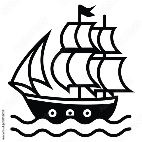 A simple ship outline with sails and waves below, vector style.