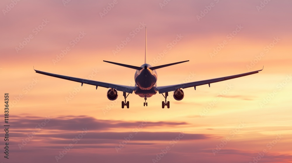 An airplane flying against a colorful sunset sky, symbolizing travel and adventure. An airplane flying against a colorful sunset sky, symbolizing travel and adventure.