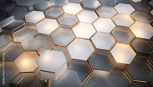 Reflective, gold trimmed hexagons create a luxurious, textured, and visually appealing pattern.