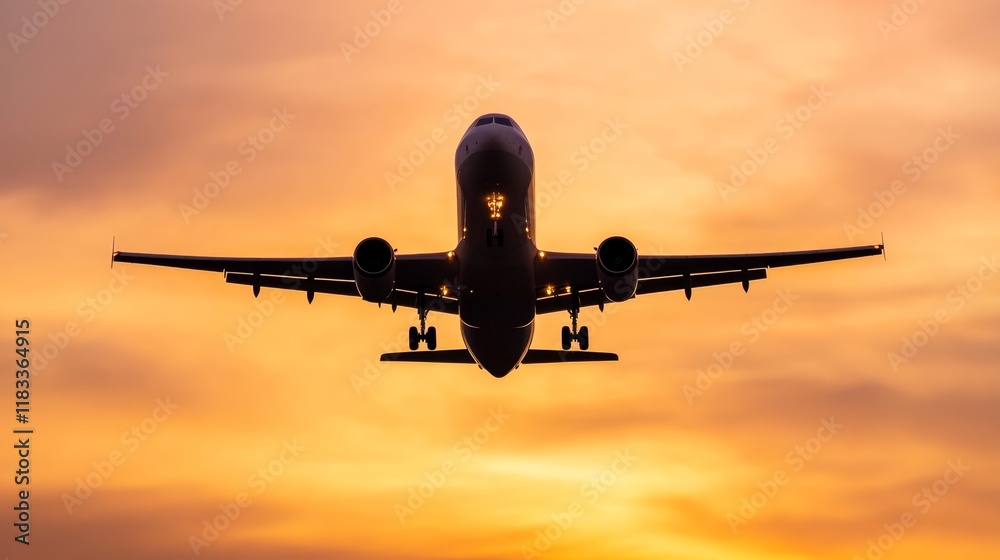 An airplane silhouetted against a vibrant sunset sky. An airplane silhouetted against a vibrant sunset sky.