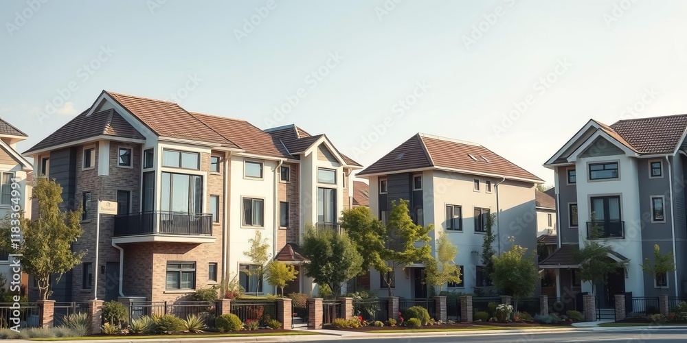 Row of modern newly built townhomes for sale in a residential neighborhood with landscaped front yards and attached garages, housing, buildings Row of modern newly built townhomes for sale in a residential neighborhood with landscaped front yards and attached garages, housing, buildings