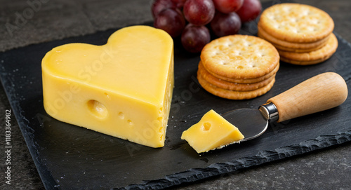 heart shaped cheese on kitchen table, valentines day holiday symbol . Generative AI