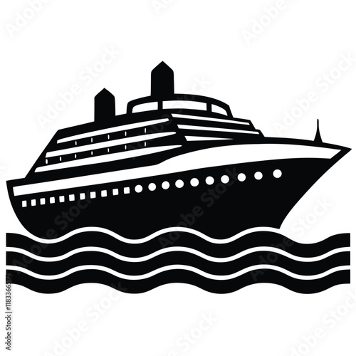 A simple ship outline with sails and waves below, vector style.