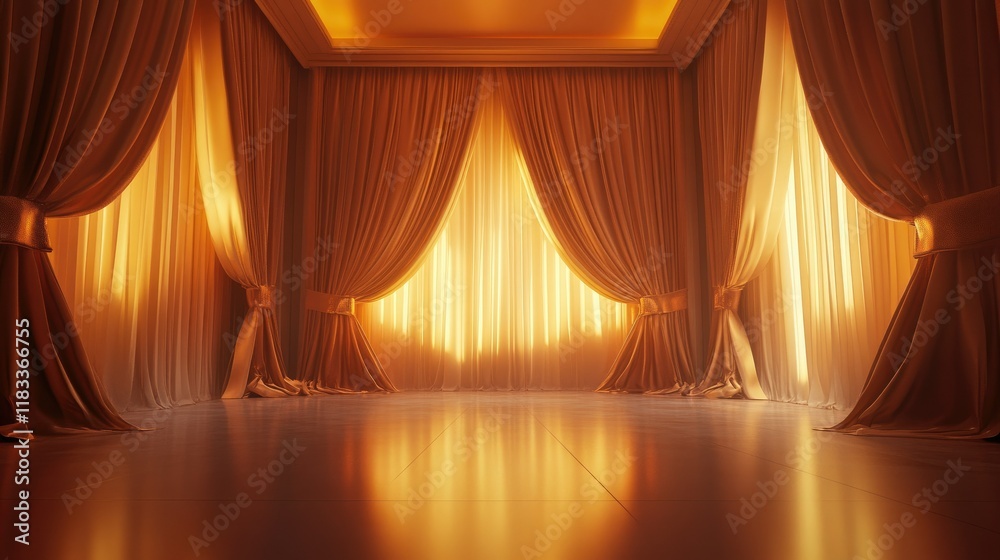 Fototapeta premium A luxurious empty room rendered in 3D with satin drapery and warm lighting, perfect for high-end fashion or beauty displays.