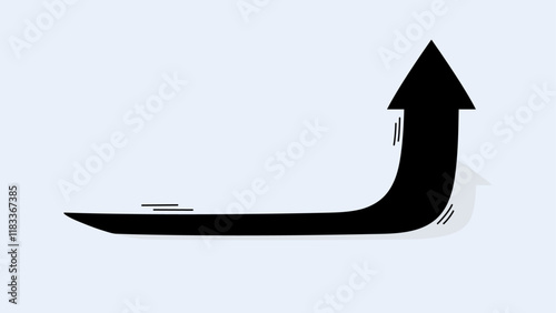 A bold black arrow curves sharply upward from the left side against a light blue background with speed lines and shadow