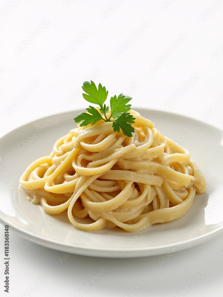 Creamy linguine pasta on a white plate with clean background. Ideal for Italian food posters, realistic textures, sharp focus, studio lighting, 8K. Creamy linguine pasta on a white plate with clean background. Ideal for Italian food posters, realistic textures, sharp focus, studio lighting, 8K.