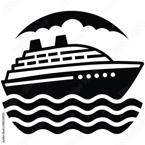 A simple ship outline with sails and waves below, vector style.