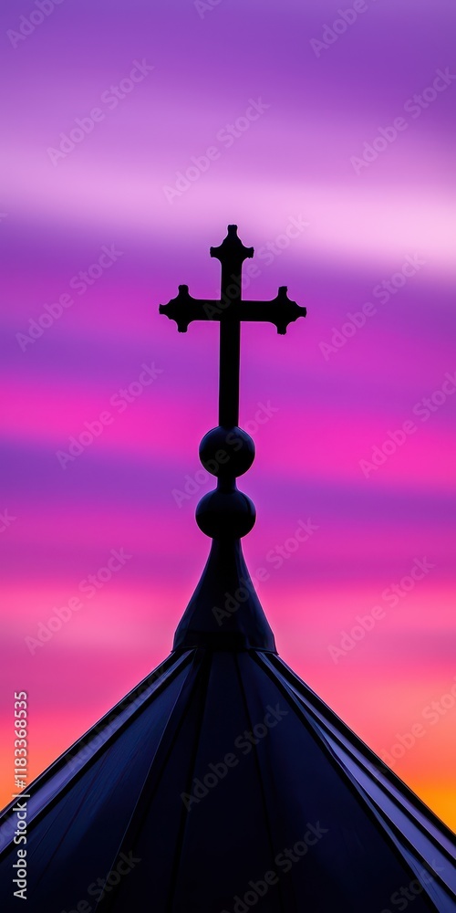 A silhouette of a cross against a vibrant sunset, symbolizing faith and spirituality in a serene landscape. A silhouette of a cross against a vibrant sunset, symbolizing faith and spirituality in a serene landscape.