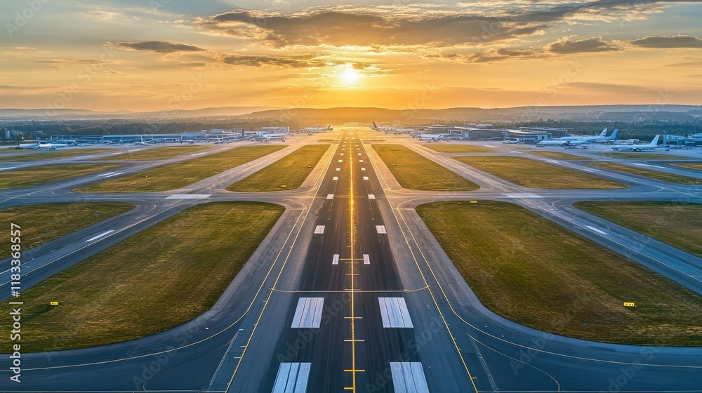 Obraz premium Clear view from above of a sunlit airport runway, with planes and terminal buildings in the distance.