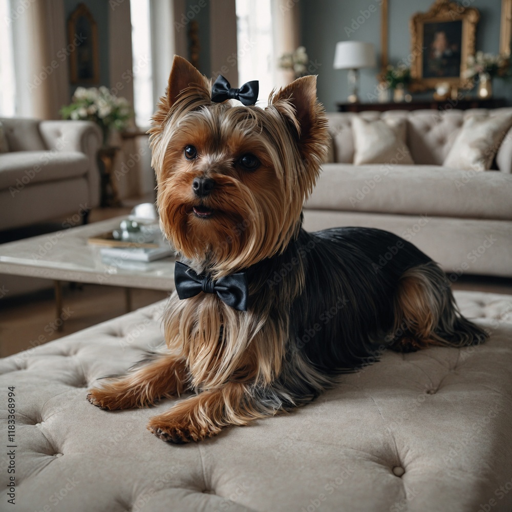 A Yorkshire terrier with a bow in its hair in a chic living room. A Yorkshire terrier with a bow in its hair in a chic living room.