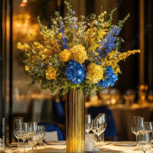 tall table centerpiece with yello wnad blue garden flowers, gold vase, sleek and innovative photo