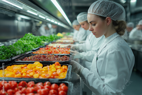 Food Production Line: Workers in pristine white uniforms, meticulously preparing fresh ingredients on a conveyor belt, showcasing the meticulousness and efficiency of modern food manufacturing. photo