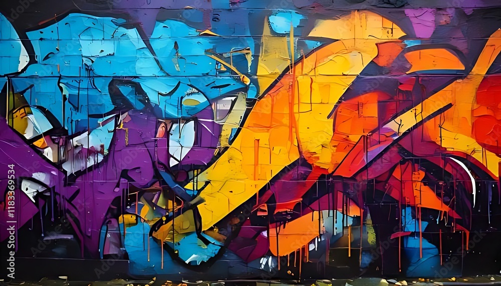 A colorful, textured graffiti art on a brick-like wall background A colorful, textured graffiti art on a brick-like wall background