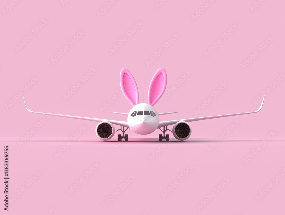 A whimsical airplane design featuring cartoon bunny ears against a pink background, perfect for playful themes.