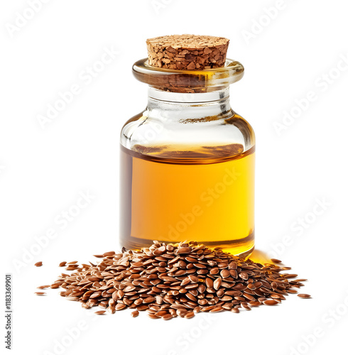 classic glass vial of flaxseed oil isolated on white background 