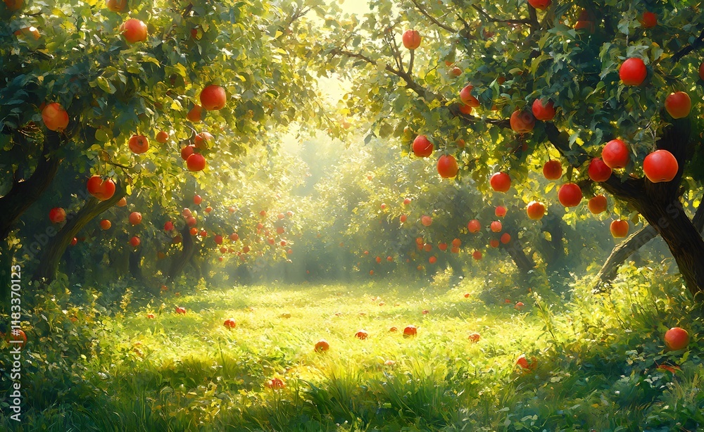 Obraz premium Sunlit Orchard Abundant With Ripe Red Apples