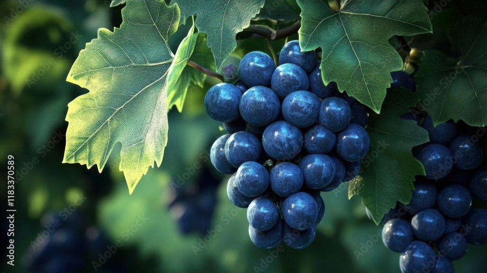 Ripe Blue Grapes Hanging on Vine with Lush Green Leaves. Vineyard Harvest, Fresh Fruit, Agriculture, Winemaking. Nature's Bounty. Ripe Blue Grapes Hanging on Vine with Lush Green Leaves. Vineyard Harvest, Fresh Fruit, Agriculture, Winemaking. Nature's Bounty.