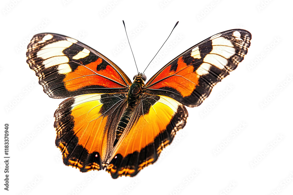 Obraz premium A large orange and black butterfly with a white spot on its wing , isolated on white background