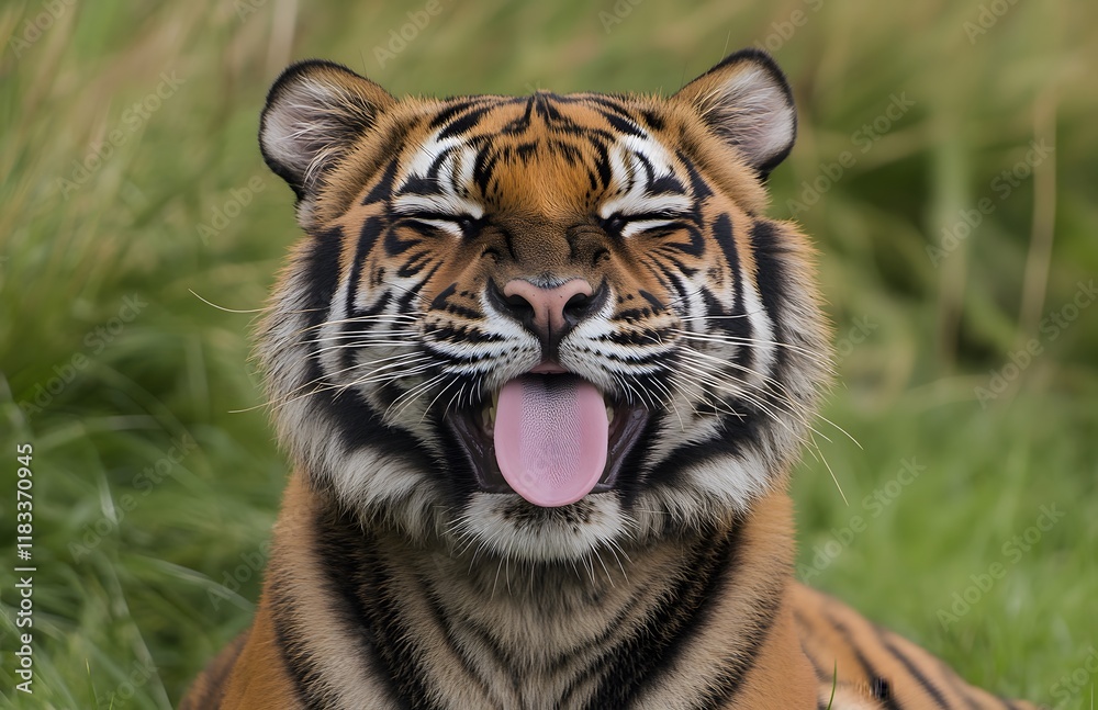 Obraz premium Sumatran Tiger Yawning In Green Grass