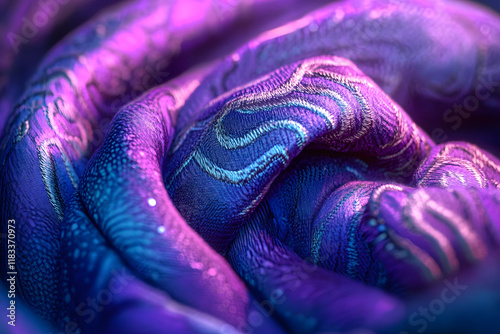 An up-close photograph of purple and blue textile with intricate designs.
