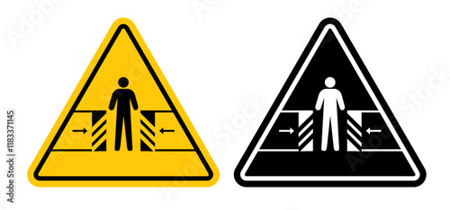 Risk of crushing warning signs set in black and yellow colors on white background