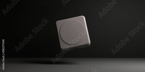 A minimalist gray square object with a circular inset, subtly levitating against a dark background.