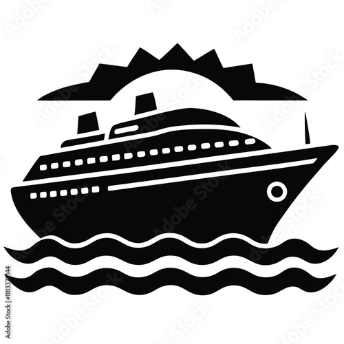 A simple ship outline with sails and waves below, vector style.