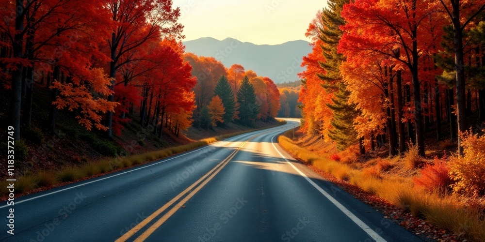 Fototapeta premium Autumnal Road Winding Through Vibrant Fall Foliage and Rolling Hills