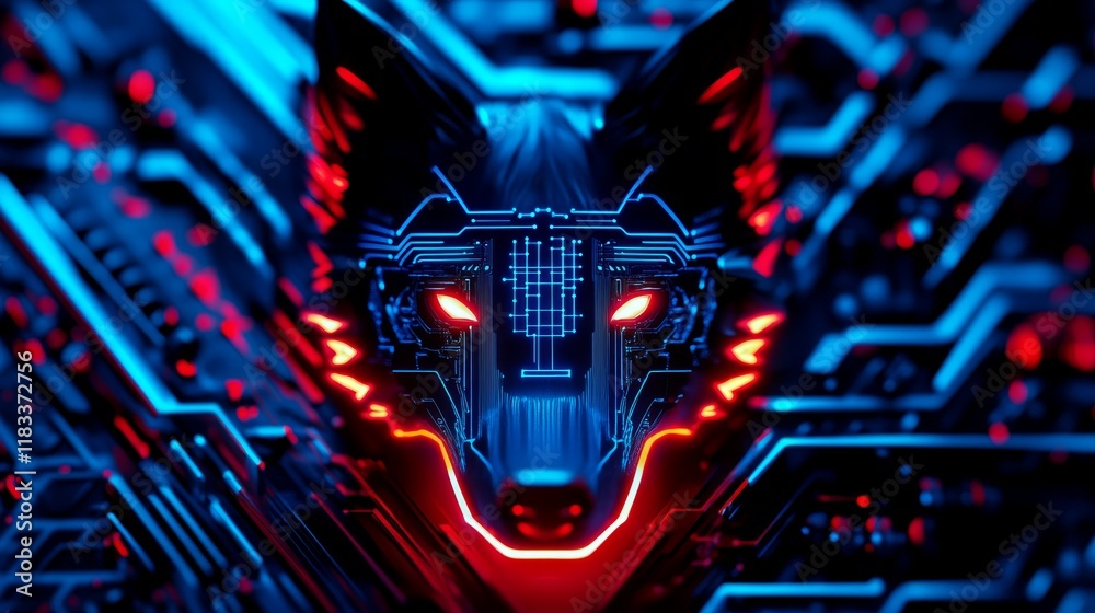 A digital wolf head with glowing eyes, set against a circuit board background. A digital wolf head with glowing eyes, set against a circuit board background.