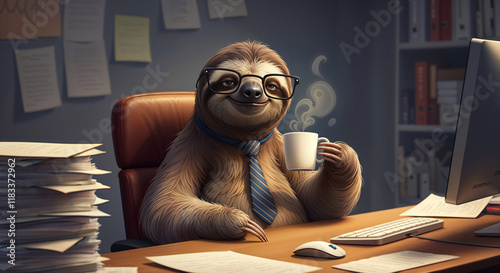sloth office worker with a cup of coffee . Generative AI