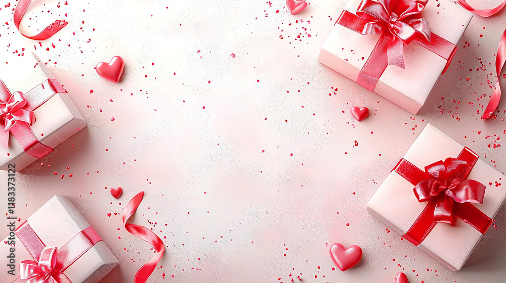 gift boxes wrapped in light pink paper and tied with bright pink satin ribbons with bows.