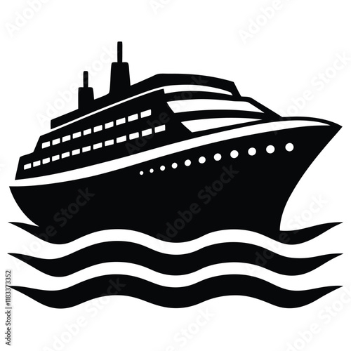 A simple ship outline with sails and waves below, vector style.