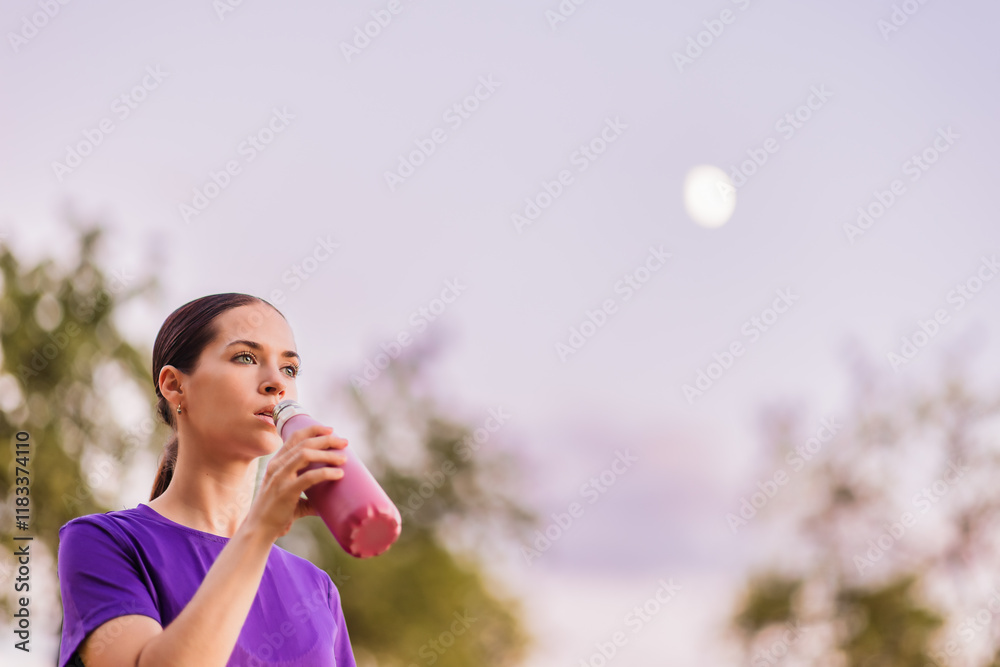Latin woman drinking from a pink bottle after exercising outdoors in moon light Latin woman drinking from a pink bottle after exercising outdoors in moon light