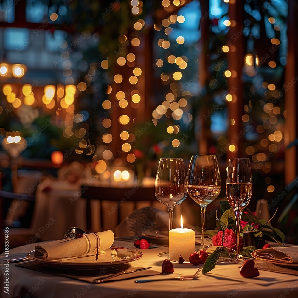 Romantic dinner table setting with candles, wine glasses, and rose petals at a restaurant. Romantic dinner table setting with candles, wine glasses, and rose petals at a restaurant.