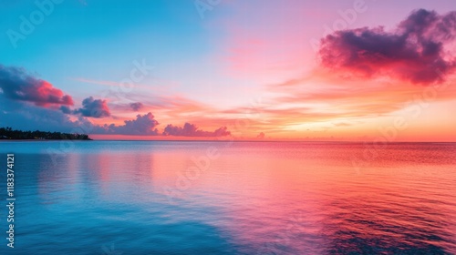 Vibrant pink and blue sunset reflecting on calm ocean water