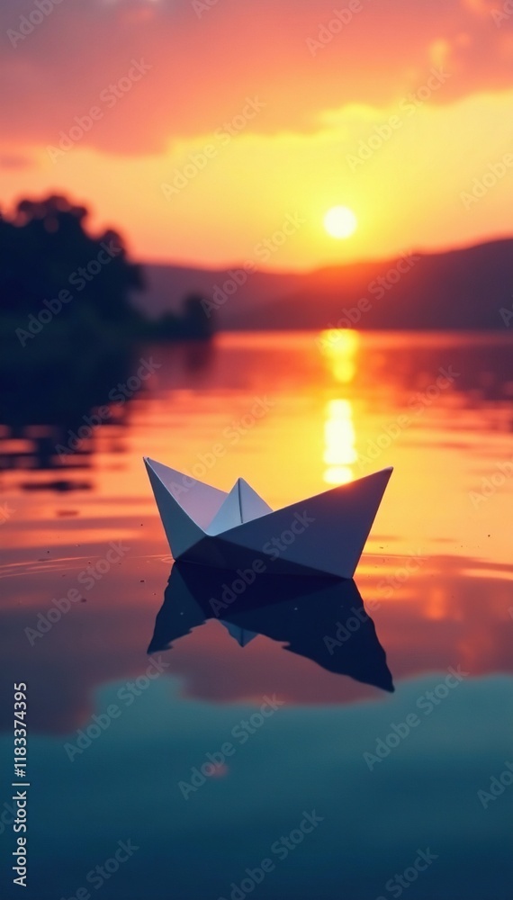 A delicate paper boat floats on the lake's mirror-like surface at sunset, peaceful, reflective, paper A delicate paper boat floats on the lake's mirror-like surface at sunset, peaceful, reflective, paper