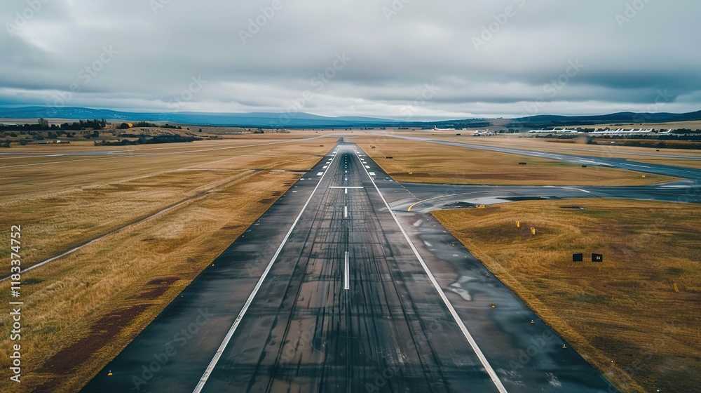 Aerial view of an empty airport runway with a single airplane parked under cloudy skies, symbolizing flight cancellation and travel disruption. Aviation industry challenges and global transportation c
