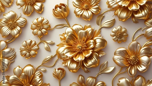 Seamless 3D Golden Decorative Flowers Pattern