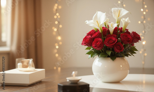 Wallpaper Mural Timeless Romance (Red Roses White Orchids Calla Lilies) tall, sleek vase with clear water, holding a classic bouquet Torontodigital.ca