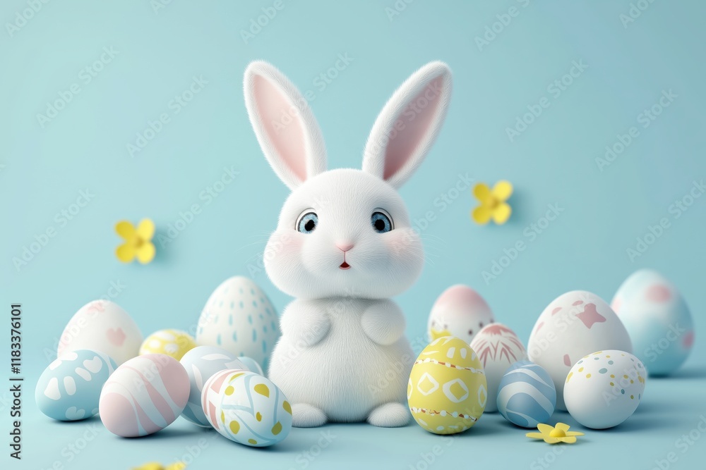 cute white bunny with easter eggs, 3d cartoon background cute white bunny with easter eggs, 3d cartoon background