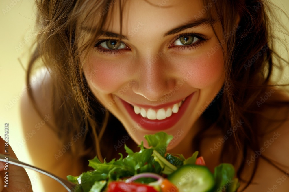 close-up of beautiful woman in sportswear eats fresh salad with vegetables and smiles  